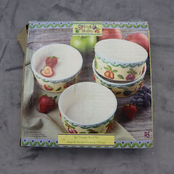 Fruit Medley 4 Piece Ceramic Bowl Set Fruit Print 4- 16Oz Kitchen Dining Serving - Picture 1 of 16